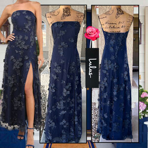 Lulu's Navy Strapless Floral Appliqué Maxi Dress